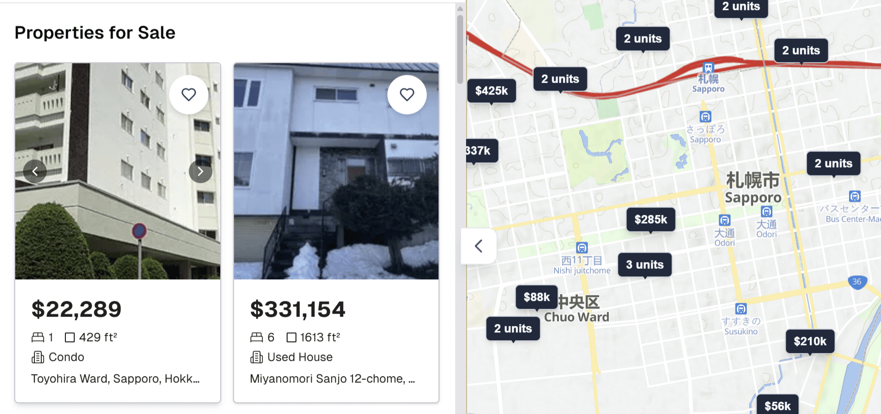 Nipponhomes property search with listing cards and a map of Sapporo