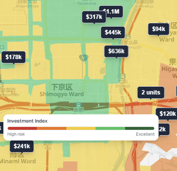 Investment index layer preview with property markers and a risk legend