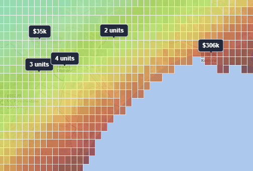 Seismic risk heatmap layer with listing markers