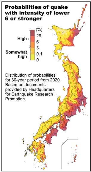 Japan earthquake risk probability map showing distribution of earthquake probabilities for 30-year period from 2020